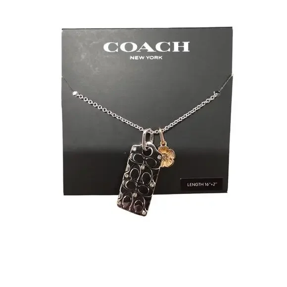 NWT Coach Quilted C Tag Pendant Silver Necklace 16 in with 2 in extender - Picture 2 of 3